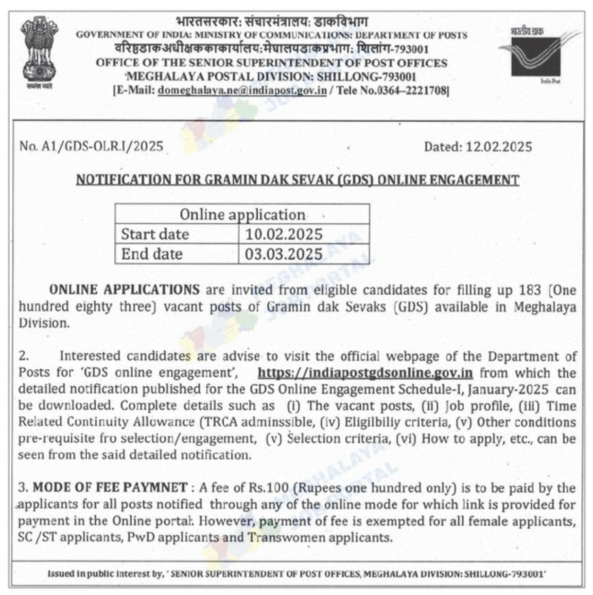 Meghalaya Post Office Recruitment 2025 Apply Online for 183 Posts