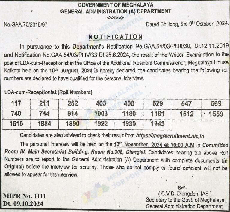 LDA-cum-Receptionist Result