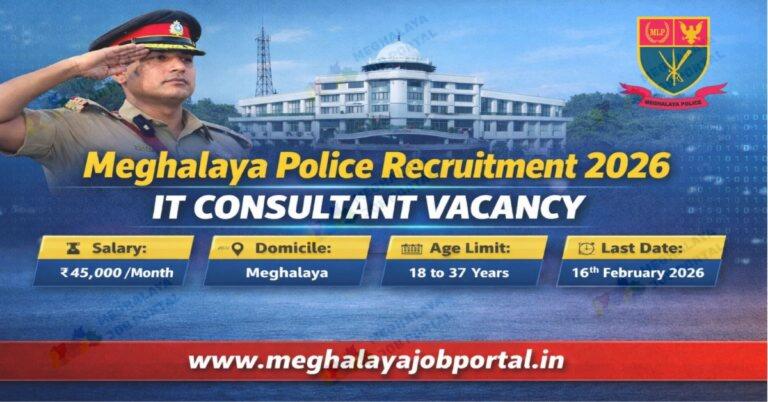 Meghalaya Police Recruitment 2026 IT Consultant job vacancy image with salary age limit and Meghalaya domicile details.