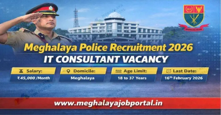 Meghalaya Police Recruitment 2026 IT Consultant job vacancy image with salary age limit and Meghalaya domicile details.