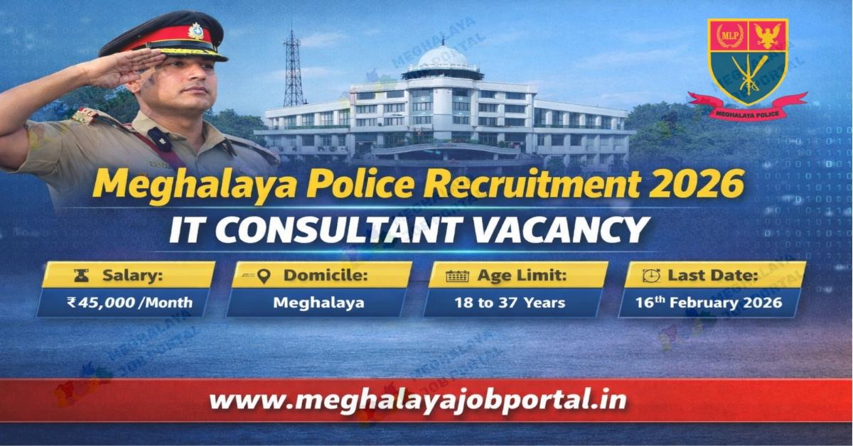 Meghalaya Police Recruitment 2026 IT Consultant job vacancy image with salary age limit and Meghalaya domicile details.