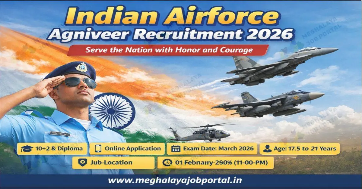 Indian Airforce Agniveer Recruitment 2026 poster showing Air Force officer salute, fighter jets, exam date, age limit, contact number 011-25699606 and website www.meghalayajobportal.in.