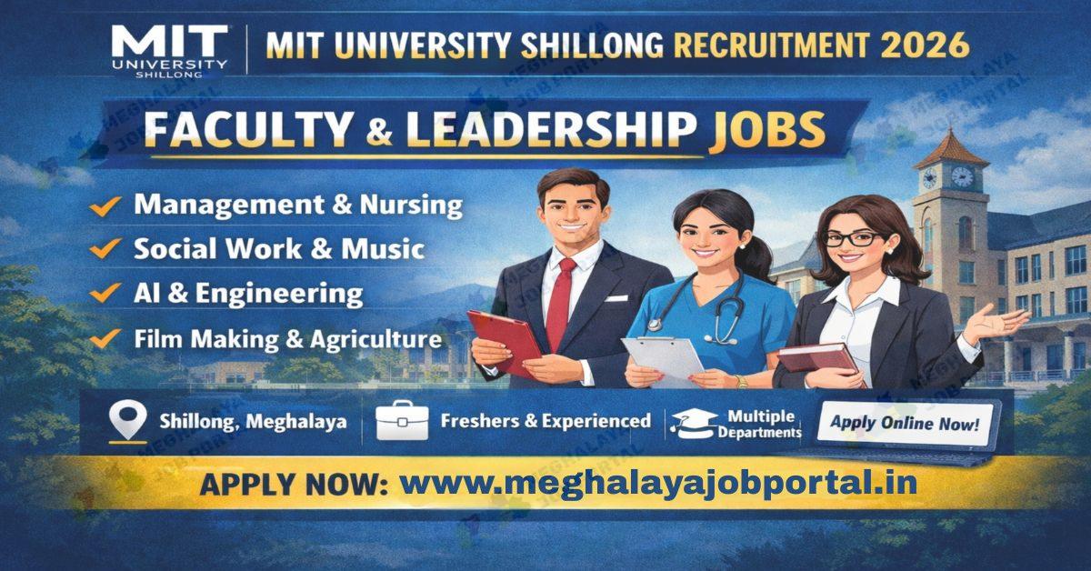 MIT University Shillong Recruitment 2026 faculty and teaching jobs image showing multiple academic roles in Shillong campus.