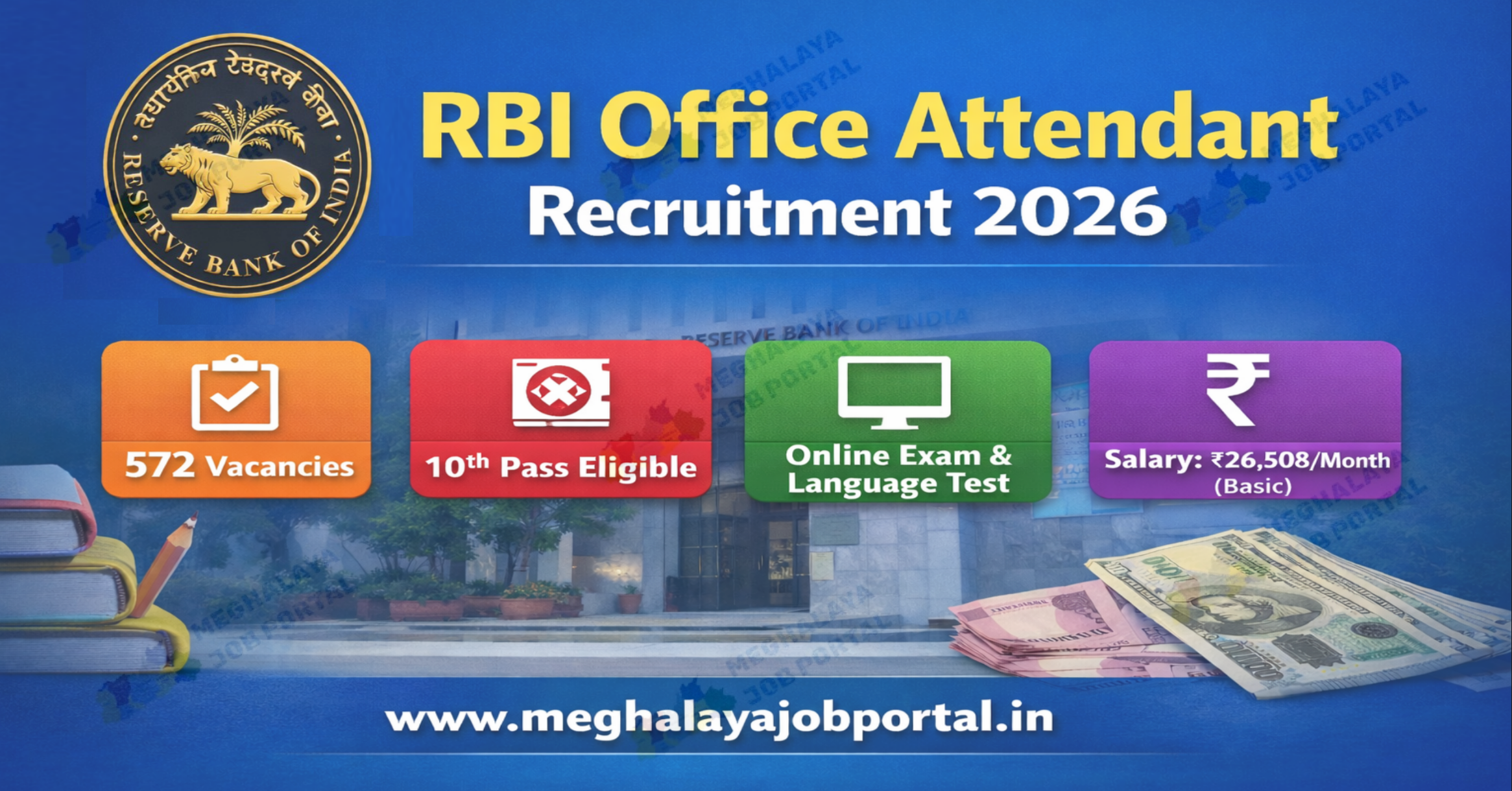 RBI Office Attendant Recruitment 2026 for 10th class pass students with 572 vacancies, online exam, basic salary, and government job opportunity.