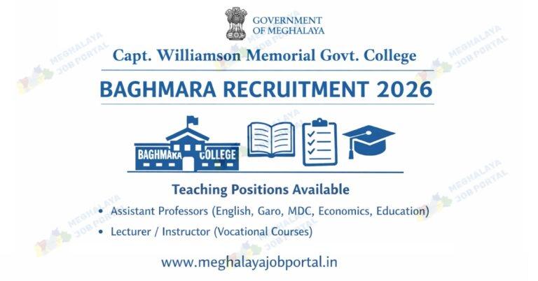 Capt. Williamson Memorial Govt. College Baghmara Recruitment 2026 job notification image with blue Government of Meghalaya logo and teaching posts details on white background including website www.meghalayajobportal.in