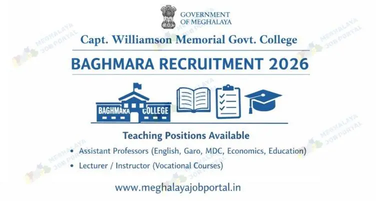 Capt. Williamson Memorial Govt. College Baghmara Recruitment 2026 job notification image with blue Government of Meghalaya logo and teaching posts details on white background including website www.meghalayajobportal.in