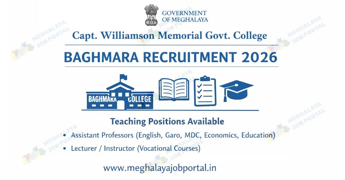 Capt. Williamson Memorial Govt. College Baghmara Recruitment 2026 job notification image with blue Government of Meghalaya logo and teaching posts details on white background including website www.meghalayajobportal.in