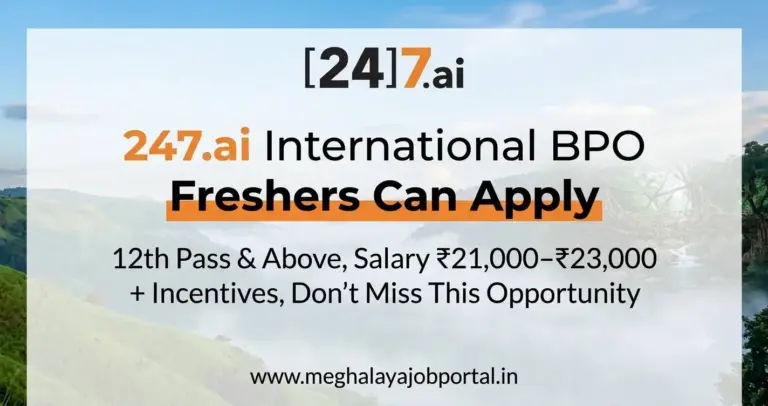 Shillong BPO Jobs 2026 walk-in interview banner for 247.ai International BPO Voice Process hiring in Shillong. Freshers and 12th pass candidates can apply. Salary ₹21,000–₹23,000 plus incentives. Interview on 28 July 2026.
