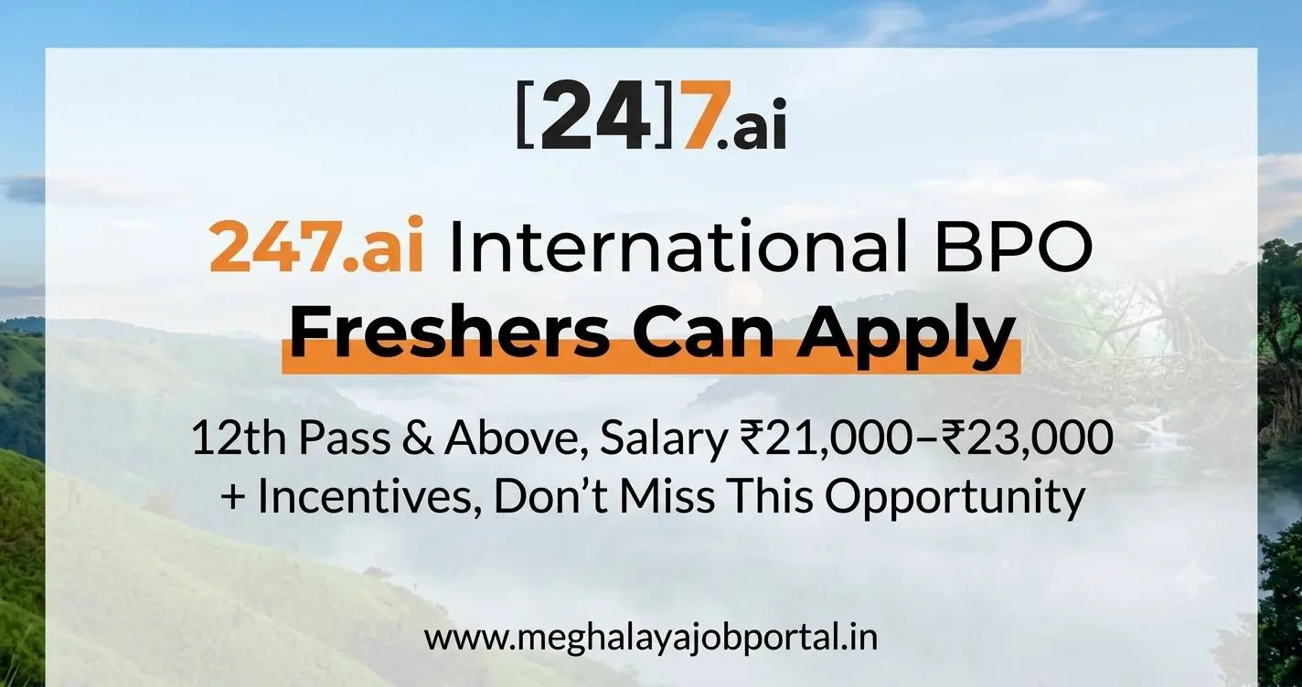 Shillong BPO Jobs 2026 walk-in interview banner for 247.ai International BPO Voice Process hiring in Shillong. Freshers and 12th pass candidates can apply. Salary ₹21,000–₹23,000 plus incentives. Interview on 28 July 2026.