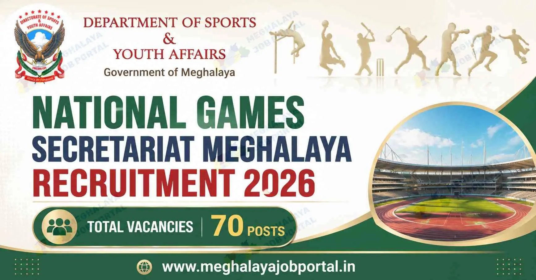 National Games Secretariat Meghalaya Recruitment 2026 notification banner for 70 Manager, Assistant Manager and Executive vacancies under the 39th National Games 2027 by the Government of Meghalaya