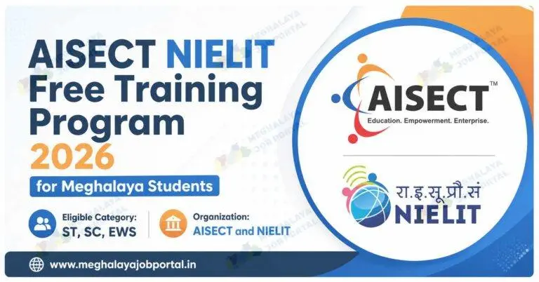 AISECT NIELIT Free Training Program 2026 for Meghalaya Students blog banner featuring AISECT and NIELIT logos, free government skill development course, eligible category ST SC EWS, and Meghalaya Job Portal branding.