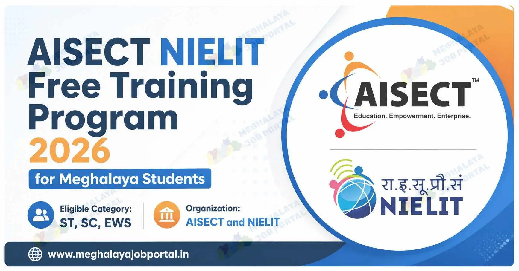 AISECT NIELIT Free Training Program 2026 for Meghalaya Students blog banner featuring AISECT and NIELIT logos, free government skill development course, eligible category ST SC EWS, and Meghalaya Job Portal branding.