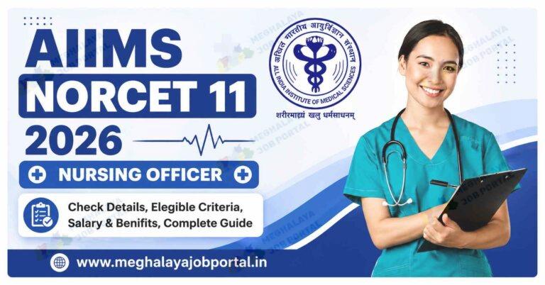 AIIMS NORCET 11 Recruitment 2026 banner showing Nursing Officer vacancies, AIIMS logo, nurse, eligibility, salary, benefits, and apply online details