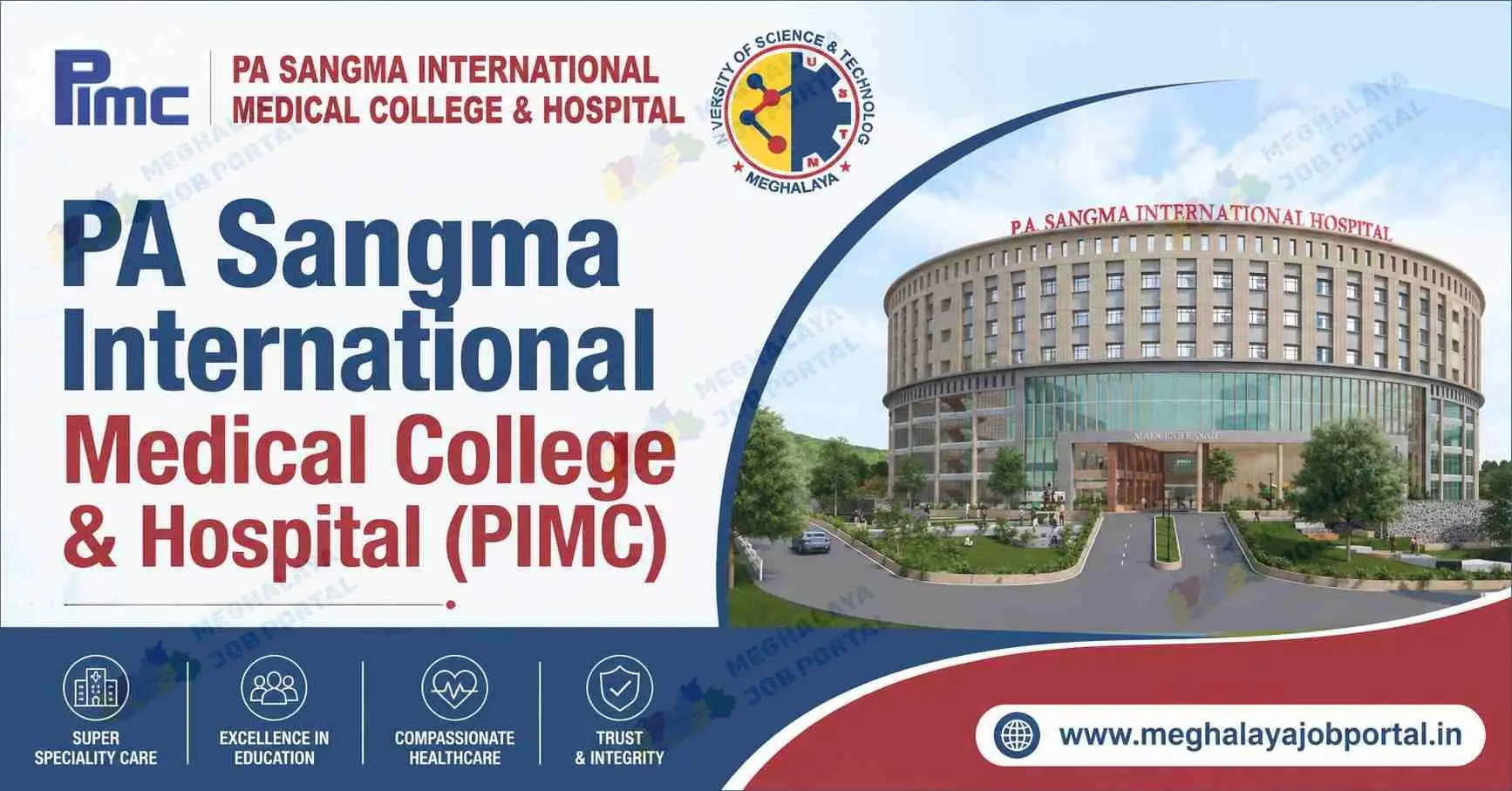 PA Sangma International Medical College & Hospital (PIMC) at USTM Meghalaya Recruitment 2026 banner showing the hospital building, PIMC logo, USTM logo, and official hospital administration job announcement.
