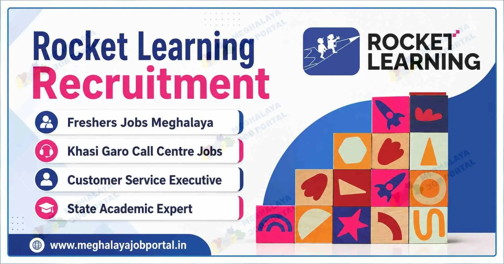 Rocket Learning Recruitment 2026 blog banner featuring Rocket Learning logo with Freshers Jobs Meghalaya, Khasi Garo Call Centre Jobs, Customer Service Executive, and State Academic Expert recruitment opportunities, along with the Meghalaya Job Portal website.