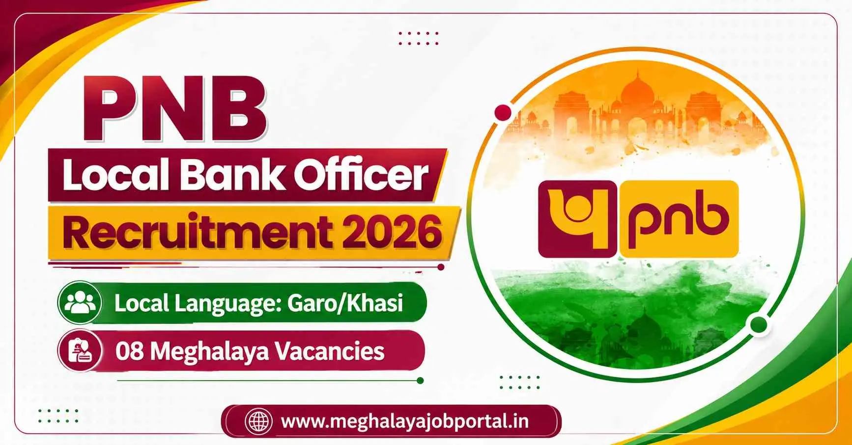 PNB Local Bank Officer Recruitment 2026 banner showing 08 Meghalaya vacancies with Garo/Khasi local language requirement
