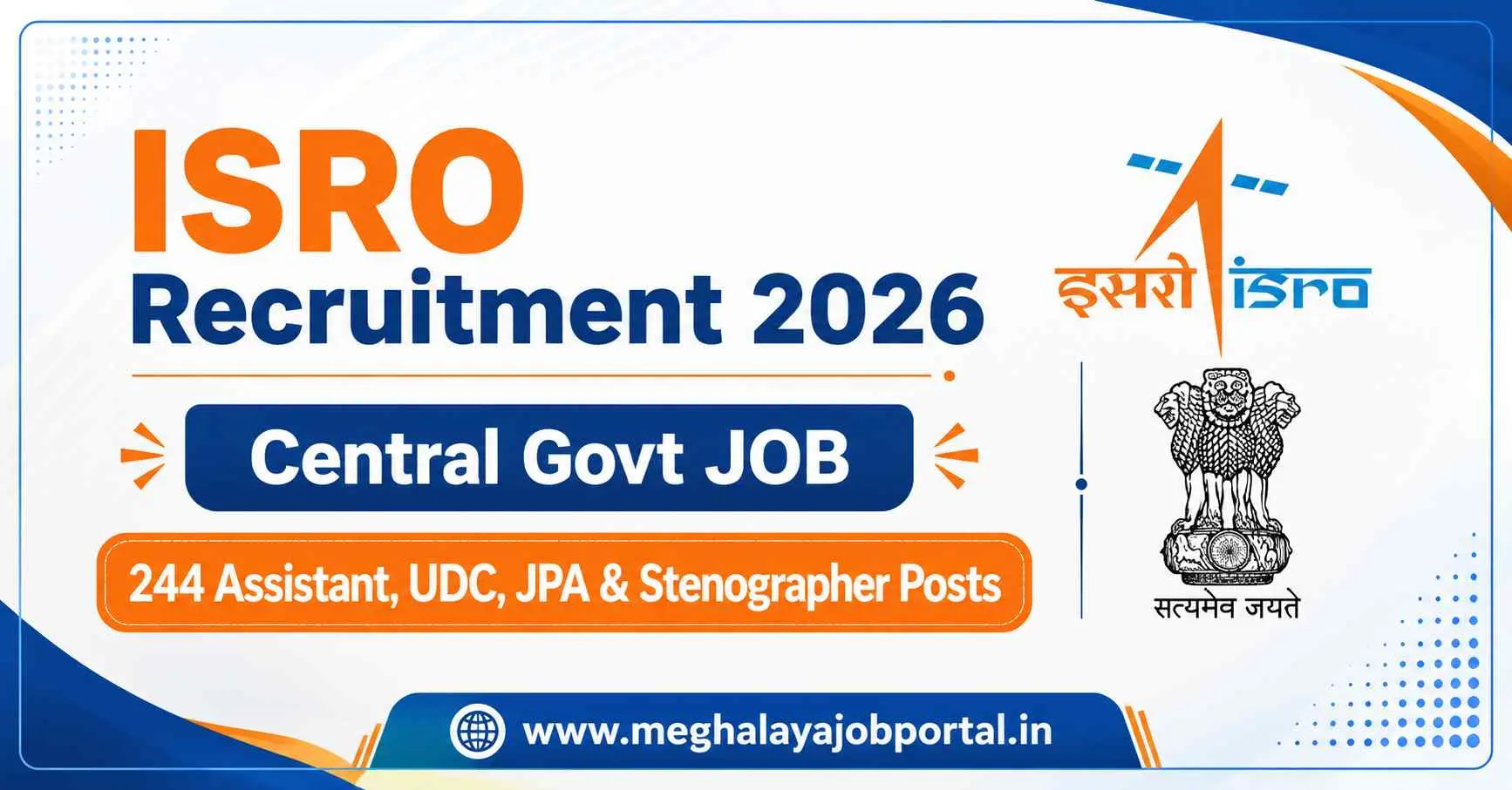 ISRO Recruitment 2026 banner showing 244 Central Government vacancies for Assistant, Upper Division Clerk (UDC), Junior Personal Assistant (JPA), and Stenographer posts with ISRO and Government of India logos.