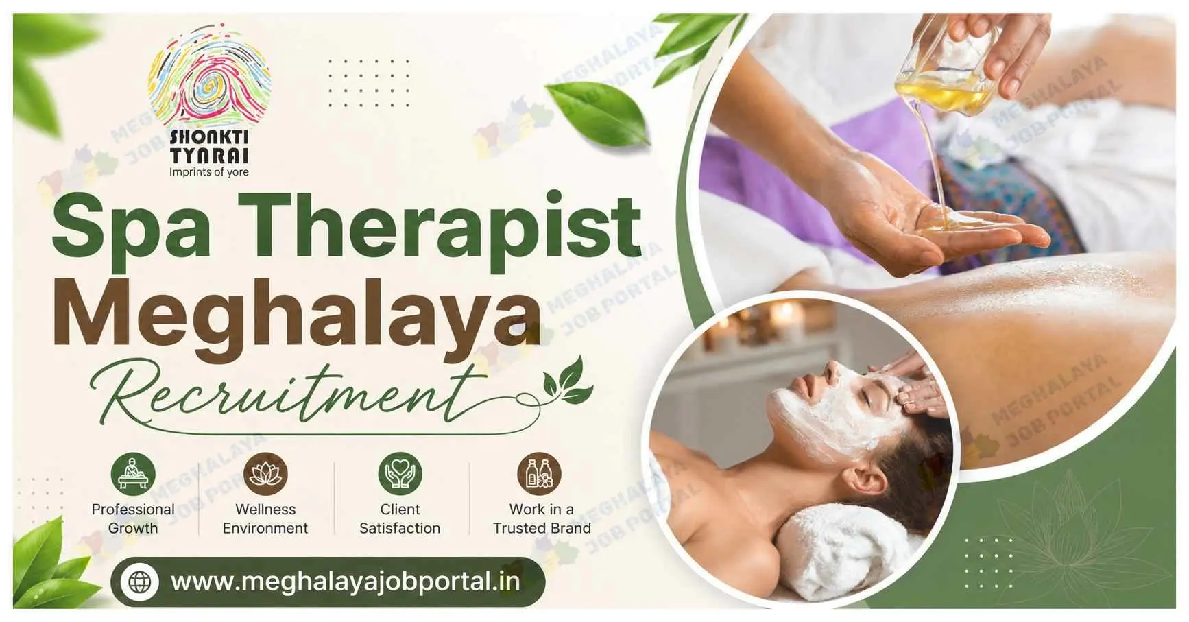 Spa Therapist Meghalaya Recruitment 2026 banner featuring Shonkti Tynrai logo, body massage and facial spa treatment, inviting experienced male and female Spa Therapists to apply in Shillong, Meghalaya.