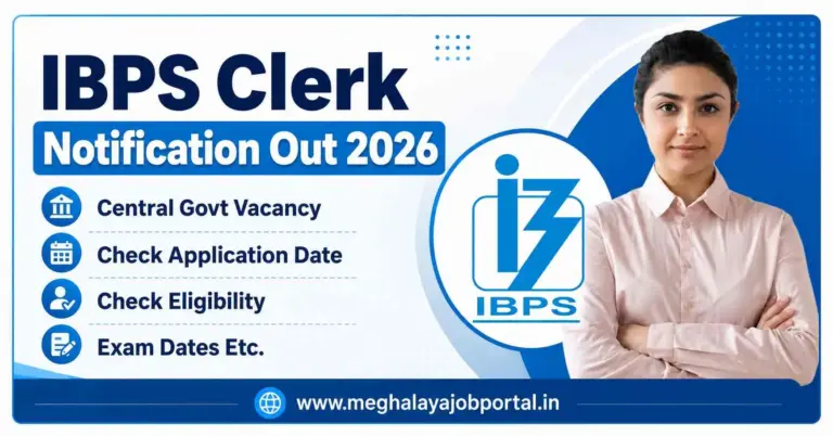 IBPS Clerk Notification Out 2026 blog banner featuring IBPS logo, Customer Service Associate recruitment, Central Government vacancy, application dates, eligibility, exam dates, and Meghalaya Job Portal website.