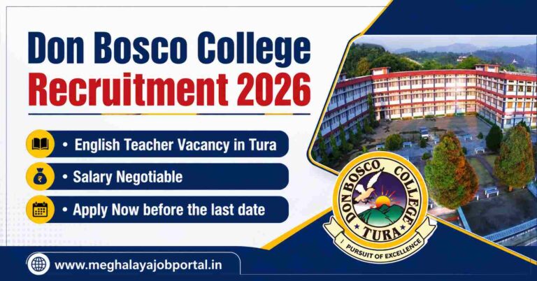 Don Bosco College Recruitment 2026 banner featuring English Teacher vacancy in Tura, Meghalaya, with campus building, college logo, salary negotiable, and apply before 31 July 2026.