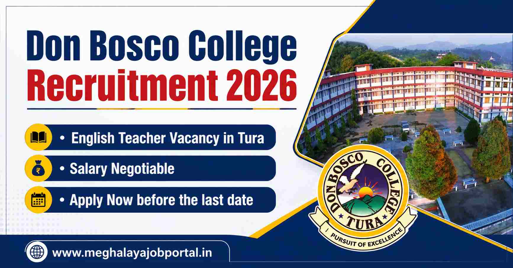 Don Bosco College Recruitment 2026 banner featuring English Teacher vacancy in Tura, Meghalaya, with campus building, college logo, salary negotiable, and apply before 31 July 2026.