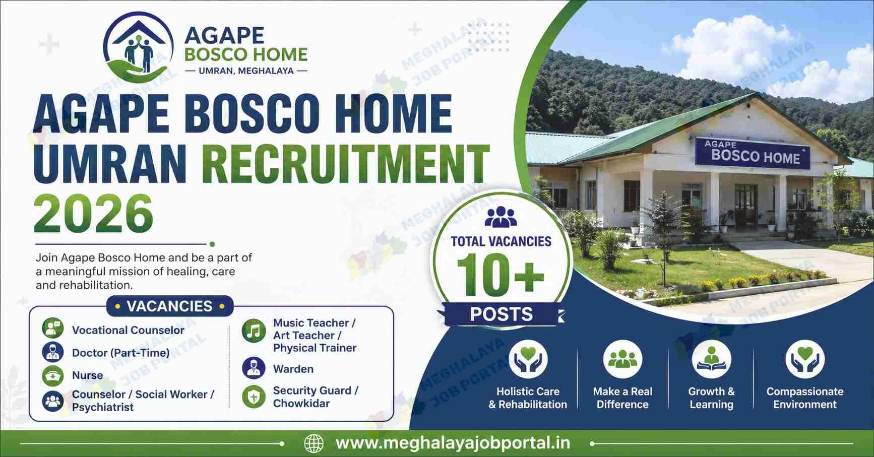 Agape Bosco Home Umran Recruitment 2026 banner showing 10 vacancies for Vocational Counselor, Doctor, Nurse, Counselor, Music Teacher, Art Teacher, Physical Trainer, Warden, and Security Guard in Meghalaya.