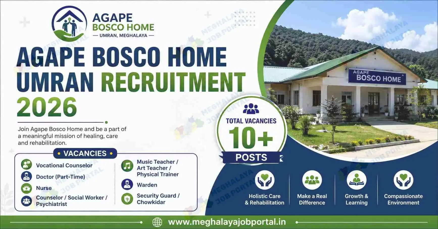 Agape Bosco Home Umran Recruitment 2026 banner showing 10 vacancies for Vocational Counselor, Doctor, Nurse, Counselor, Music Teacher, Art Teacher, Physical Trainer, Warden, and Security Guard in Meghalaya.