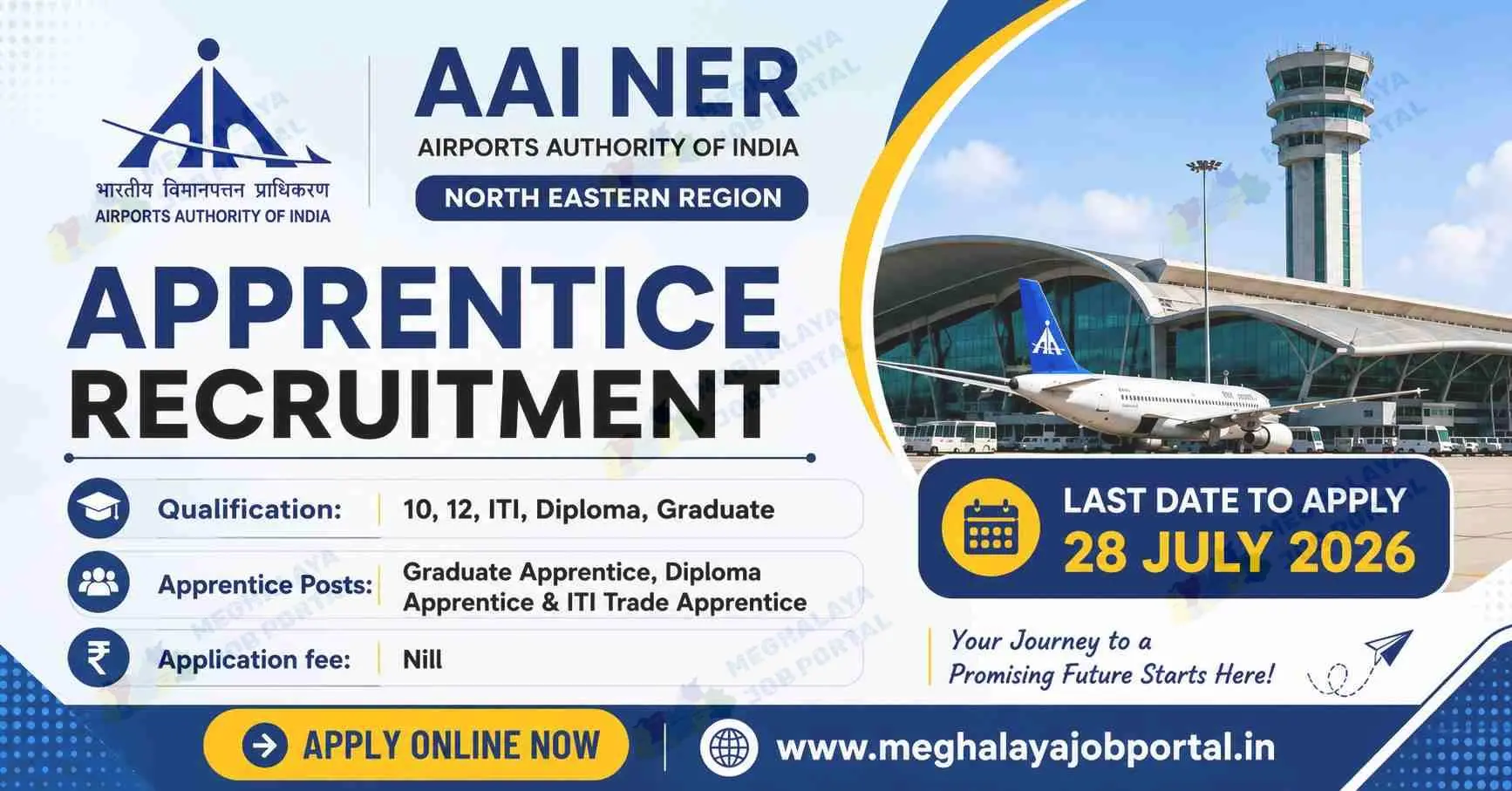 AAI NER Apprentice Recruitment 2026 banner showing Airports Authority of India North Eastern Region apprenticeship notification for Graduate, Diploma and ITI Trade Apprentice posts with last date 28 July 2026.