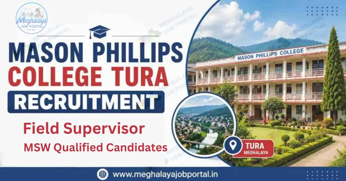 Recruitment banner for Mason Phillips College Tura 2026, announcing openings for Field Supervisor for MSW Qualified Candidates. The design features the college logo, an image of three professionals working together on laptops, and the website www.meghalayajobportal.in at the bottom, set against a modern white background with subtle geometric lines, navy blue text, and gold accents.