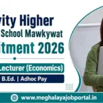 Nativity Higher Secondary School Mawkywat Recruitment 2026 blog banner featuring a female lecturer holding a laptop in a classroom. The banner highlights Assistant Lecturer (Economics), requiring M.A. + B.Ed., with Adhoc Pay, and displays the website www.meghalayajobportal.in in a clean white, teal, and navy professional design.
