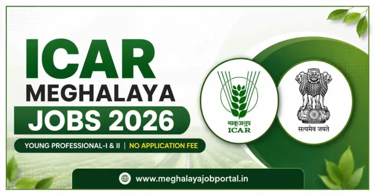 ICAR Meghalaya Jobs 2026 banner featuring Young Professional-I and Young Professional-II recruitment with no application fee, ICAR logo, Government of India emblem, green agriculture-themed background, and Meghalaya Job Portal website.