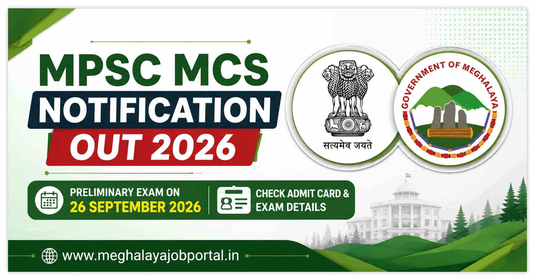 MPSC MCS Notification Out 2026 banner announcing the Preliminary Exam on 26 September 2026, with details about the admit card and exam information.