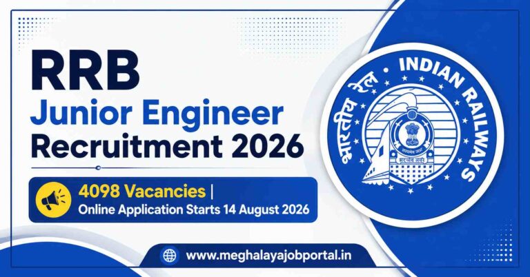 RRB Junior Engineer JE Recruitment 2026 banner featuring 4098 vacancies and online application starting 14 August 2026.