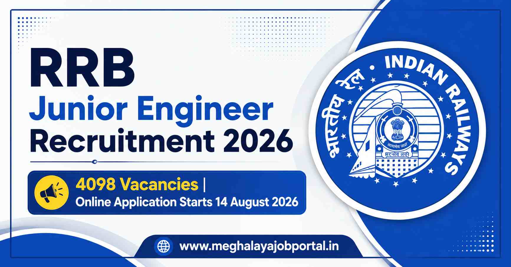 RRB Junior Engineer JE Recruitment 2026 banner featuring 4098 vacancies and online application starting 14 August 2026.