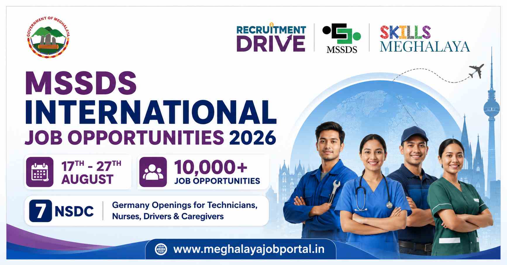 MSSDS International Job Opportunities 2026 banner featuring 7 NSDC Germany openings for technicians, nurses, drivers and caregivers, with 10,000+ job opportunities from 17th–27th August.