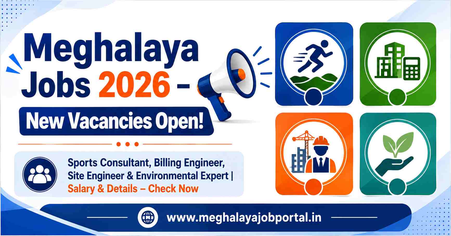 Meghalaya Jobs 2026 new vacancies banner featuring Sports Consultant, Billing Engineer, Site Engineer and Environmental Expert jobs with salary and details information.