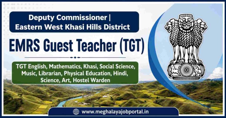 EMRS Guest Teacher Recruitment 2026 banner for Eastern West Khasi Hills District, featuring TGT and Hostel Warden posts, subject-wise vacancies, salary up to ₹36,000 per month, and application details.