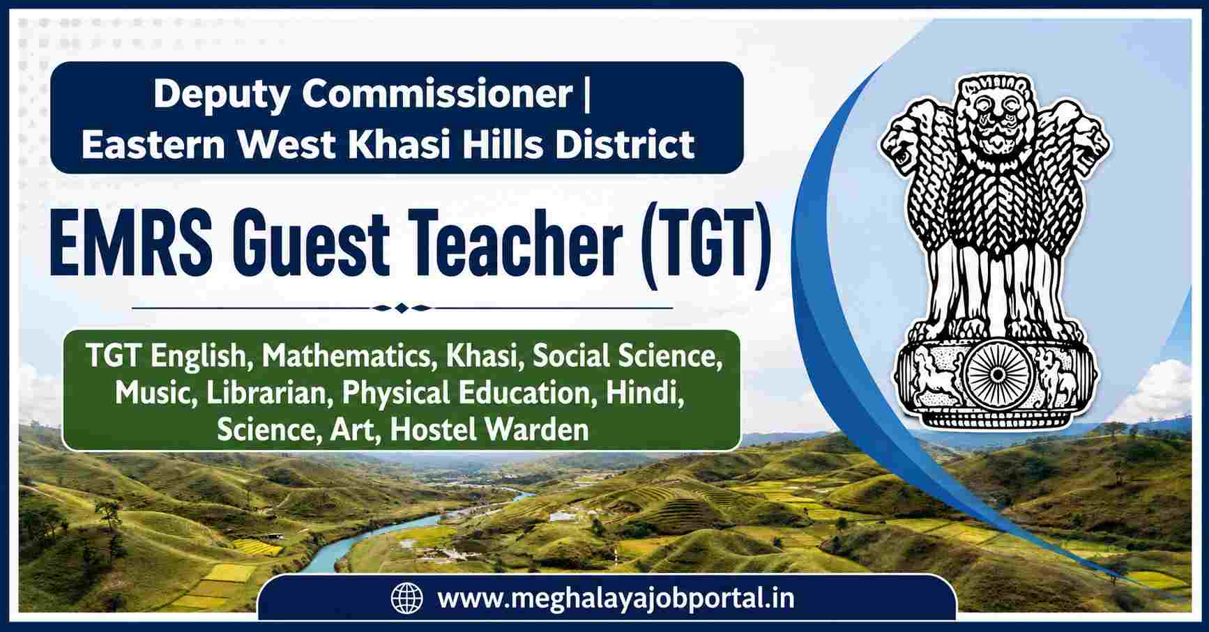 EMRS Guest Teacher Recruitment 2026 banner for Eastern West Khasi Hills District, featuring TGT and Hostel Warden posts, subject-wise vacancies, salary up to ₹36,000 per month, and application details.