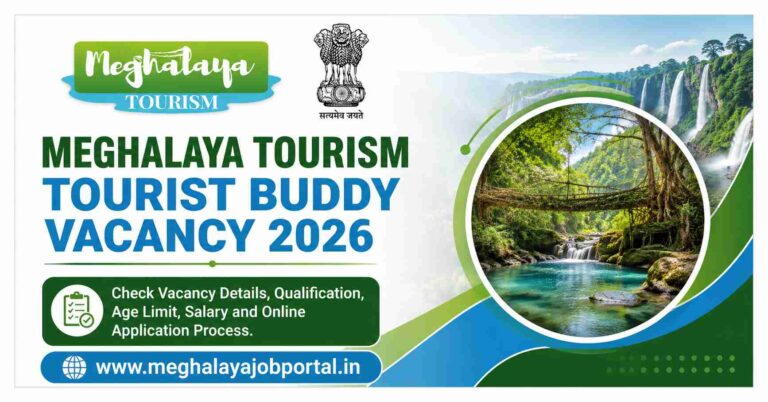 Meghalaya Tourism Tourist Buddy Vacancy 2026 banner featuring the Meghalaya Tourism logo, Government of India emblem, scenic Meghalaya background, and information about vacancy details, qualification, age limit, salary, online application process, and the website www.meghalayajobportal.in⁠
