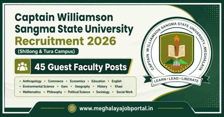 Captain Williamson Sangma State University Recruitment 2026 banner for Shillong and Tura campuses, featuring the university logo, 45 Guest Faculty posts, and vacancies in Anthropology, Commerce, Economics, Education, English, Environmental Science, Garo, Geography, History, Khasi, Mathematics, Philosophy, Political Science, Sociology and Social Work. Website: www.meghalayajobportal.in