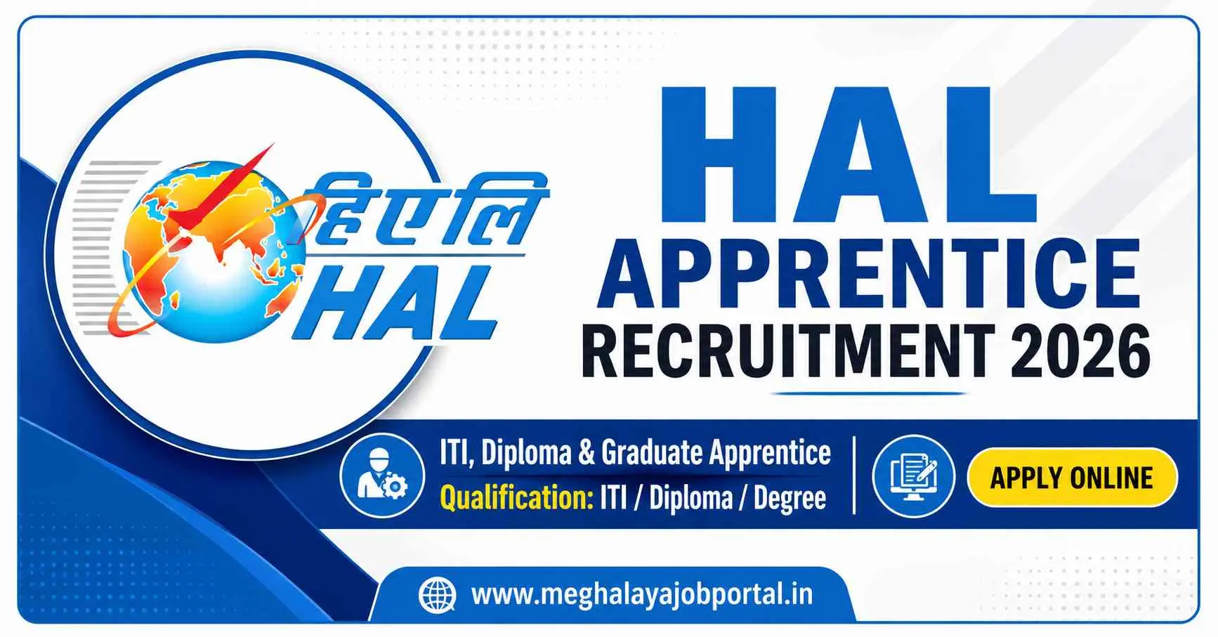HAL Apprentice Recruitment 2026 banner featuring the HAL logo, 627 ITI, Diploma and Graduate Apprentice vacancies, qualification details, stipend up to ₹12,300 per month, and online application information.