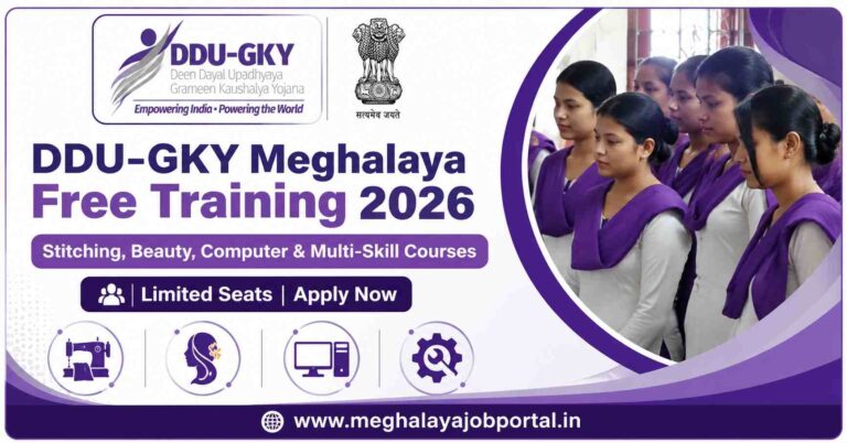 DDU-GKY Meghalaya Free Training Courses 2026 advertisement featuring Stitching/Knitting, Beauty & Wellness, Multi-Skill Technician and Computer Technician courses with limited seats and apply now details.