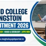 Synod College Nongstoin Recruitment 2026 banner featuring an Assistant Professor job opportunity in Khasi and Sociology, with a classroom teaching image and Meghalaya Job Portal website.