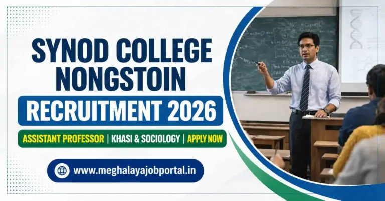 Synod College Nongstoin Recruitment 2026 banner featuring an Assistant Professor job opportunity in Khasi and Sociology, with a classroom teaching image and Meghalaya Job Portal website.