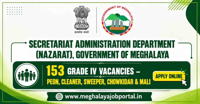 Meghalaya SAD Recruitment 2026 banner featuring the Government of Meghalaya emblem, Secretariat Administration Department (Nazarat), and details of 148 Grade IV vacancies for Peon, Cleaner, Sweeper, Chowkidar and Mali posts, with an online application notice and Meghalaya Job Portal website.
