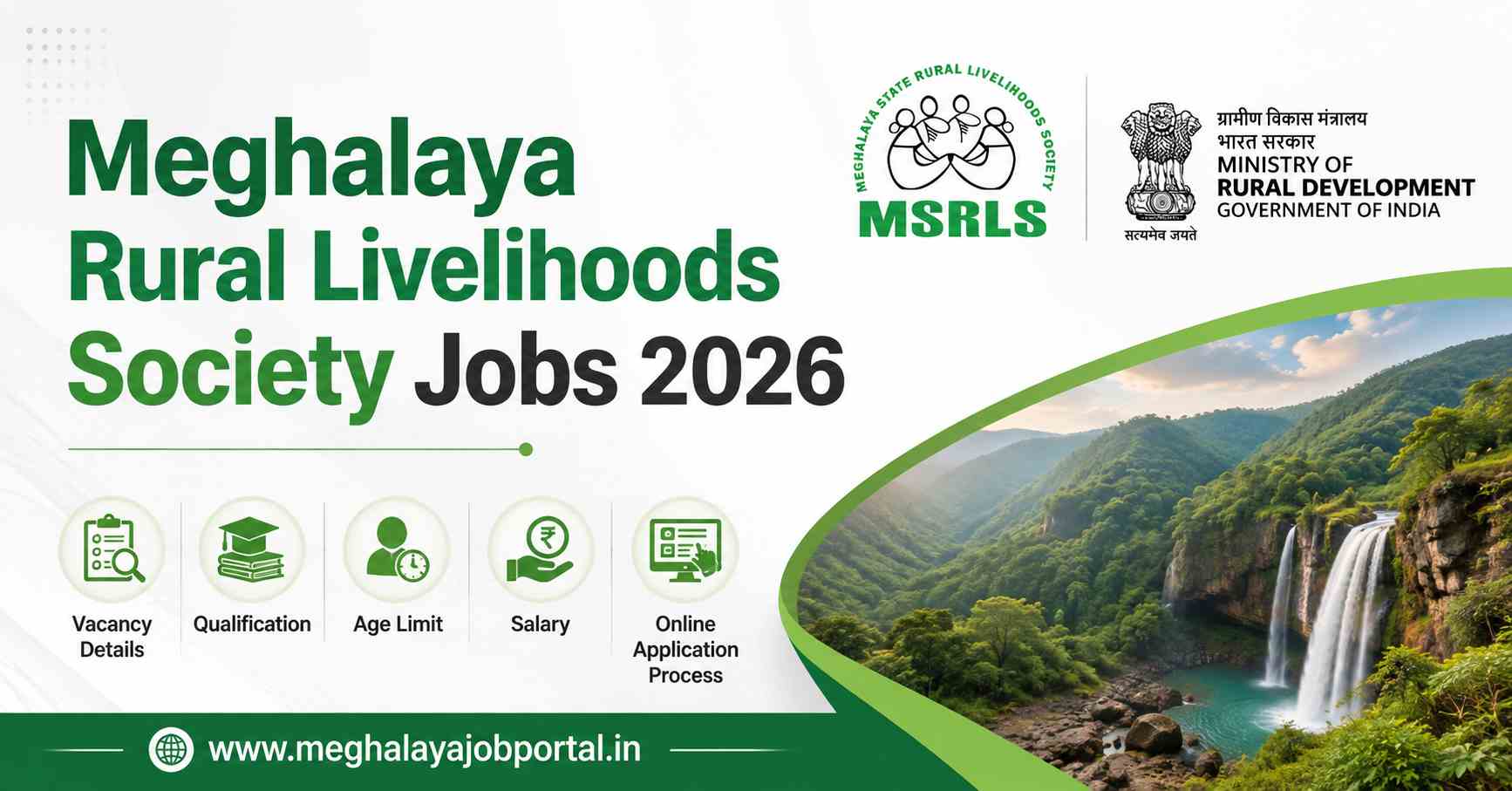 Meghalaya Rural Livelihoods Society Jobs 2026 recruitment banner featuring MSRLS and Ministry of Rural Development logos, job details, qualification, age limit, salary, online application process, and scenic Meghalaya landscape with website www.meghalayajobportal.in⁠