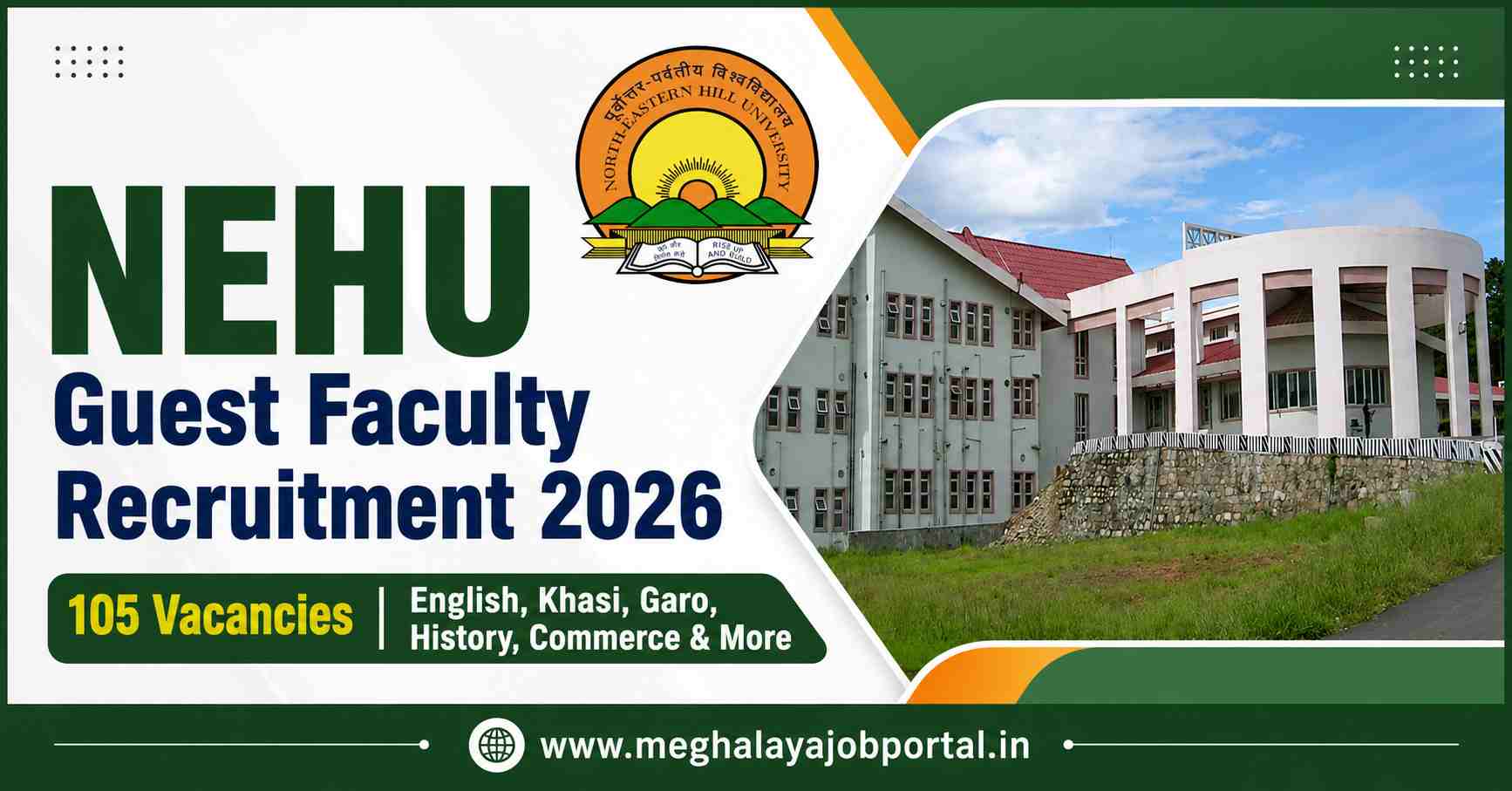 NEHU Guest Faculty Recruitment 2026 banner featuring 105 vacancies across English, Khasi, Garo, History, Commerce and other subjects at Shillong and Tura campuses.