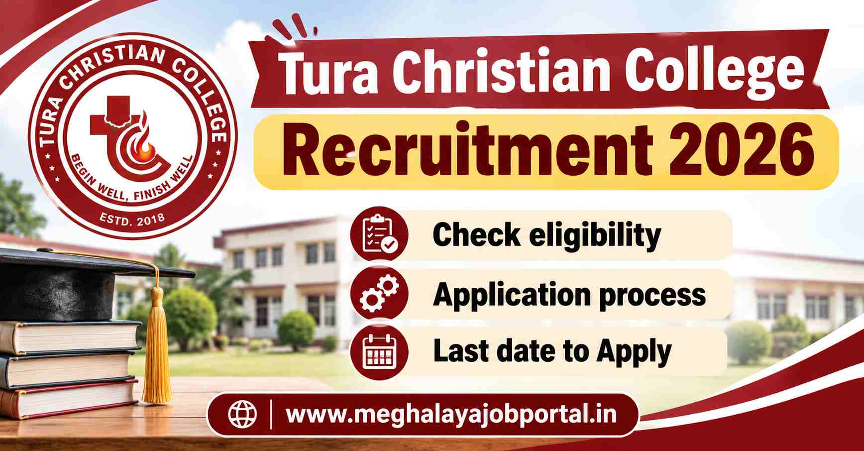 Tura Christian College logo featuring a circular red and white design with a cross and flame symbol in the center, the motto "Begin Well, Finish Well", and "ESTD. 2018" displayed at the bottom.