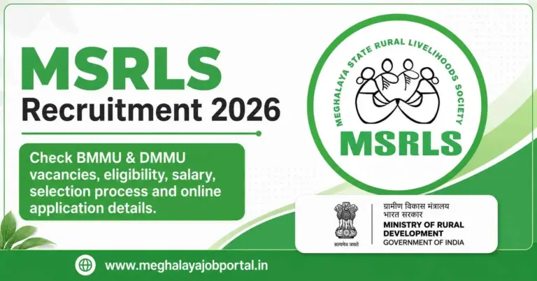 MSRLS Recruitment 2026 banner featuring BMMU and DMMU vacancies, eligibility, salary, selection process, online application details, and Meghalaya Job Portal website.