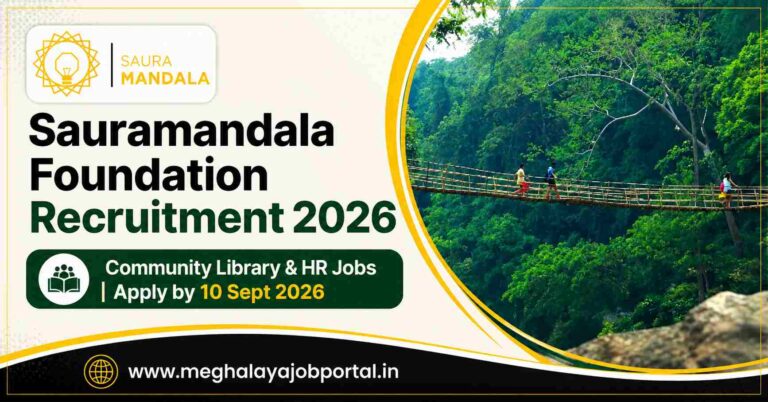 Sauramandala Foundation Recruitment 2026 banner featuring Community Library and HR Jobs, with application deadline of 10 September 2026, a scenic Meghalaya forest bridge image, and Meghalaya Job Portal website.